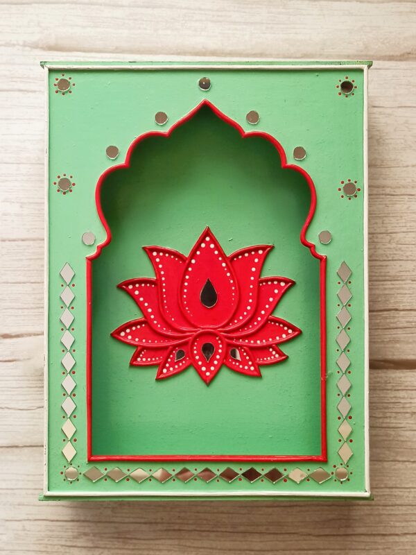 Lippan Art Lotus Jharokha Box - Mint Green and Red Color - Art By Anagha