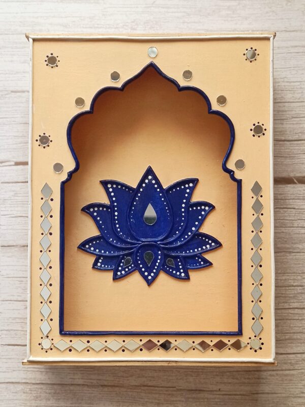 Lippan Art Lotus Jharokha Box - Peach and Dark Blue Color - Art By Anagha