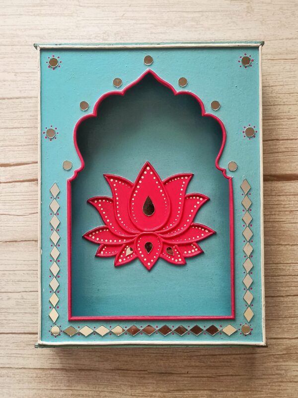 Lippan Art Lotus Jharokha Box - Sky Blue and Dark Pink Color - Art By Anagha