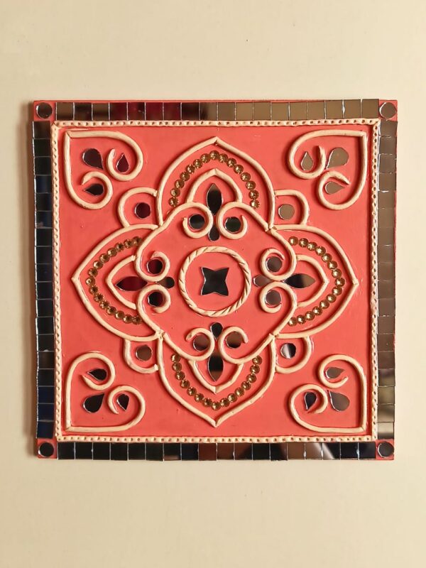 Square Lippan Art - Coral Color - Art By Anagha.